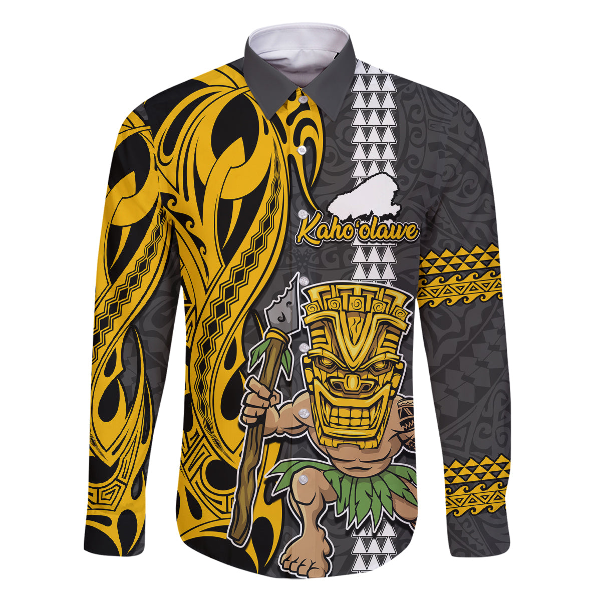 Custom Hawaii Kahoolawe Island Family Matching Off Shoulder Maxi Dress and Hawaiian Shirt Hawaiian Warrior and Kakau Symbols Abstract Tattoo LT03 Dad's Shirt - Long Sleeve Yellow - Polynesian Pride
