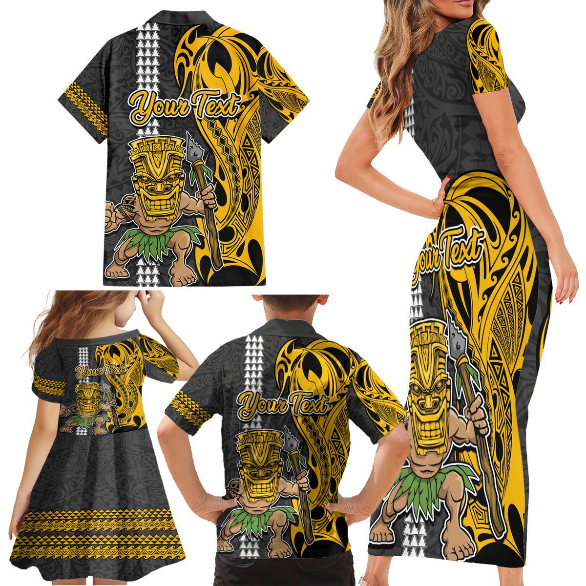 Custom Hawaii Kahoolawe Island Family Matching Short Sleeve Bodycon Dress and Hawaiian Shirt Hawaiian Warrior and Kakau Symbols Abstract Tattoo LT03 - Polynesian Pride