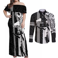 Hawaii Kahoolawe Island Couples Matching Off Shoulder Maxi Dress and Long Sleeve Button Shirts Hawaiian King and Kakau Symbols Abstract Shoulder Tattoo LT03 Black - Polynesian Pride