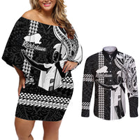 Hawaii Kahoolawe Island Couples Matching Off Shoulder Short Dress and Long Sleeve Button Shirts Hawaiian King and Kakau Symbols Abstract Shoulder Tattoo LT03 Black - Polynesian Pride