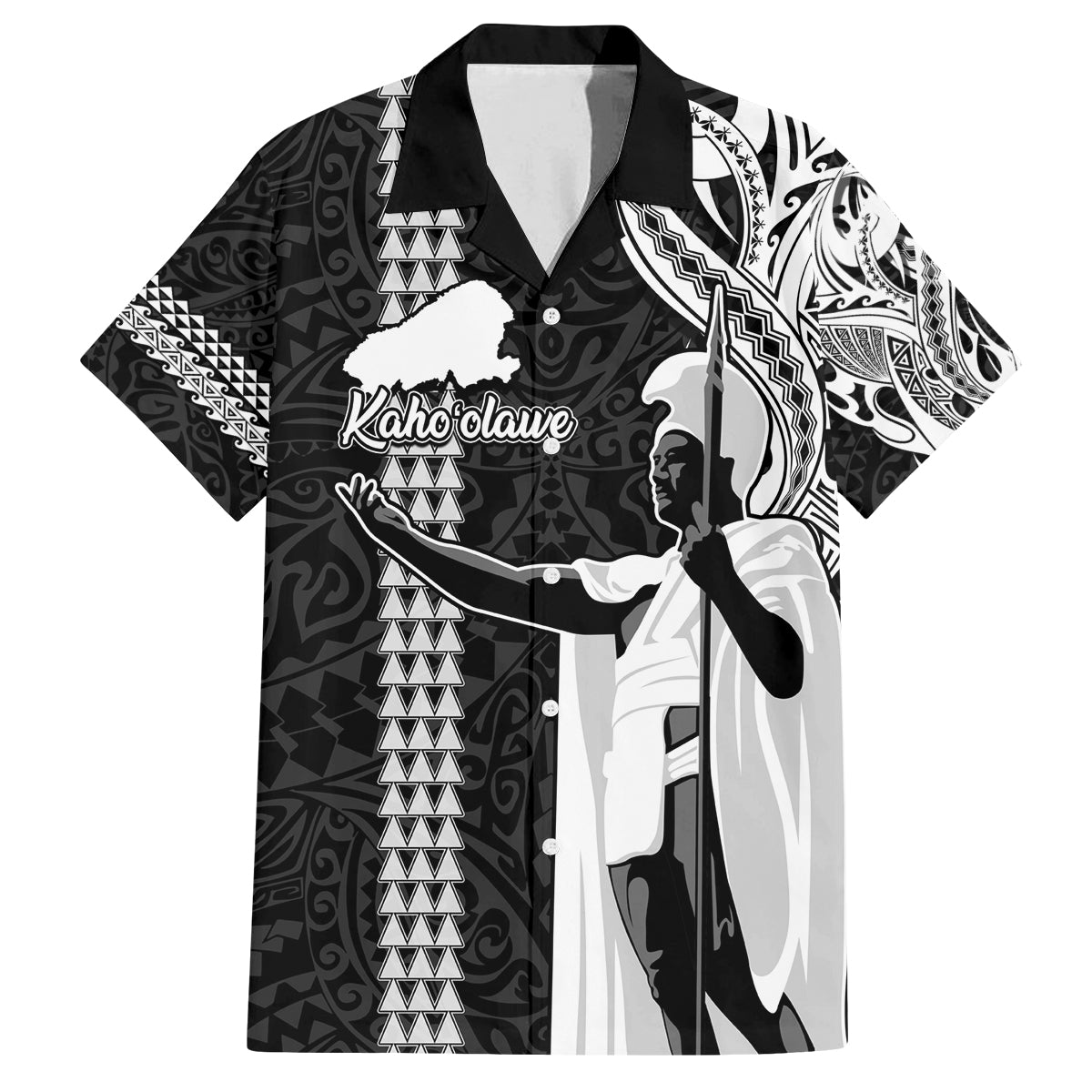 Hawaii Kahoolawe Island Family Matching Long Sleeve Bodycon Dress and Hawaiian Shirt Hawaiian King and Kakau Symbols Abstract Shoulder Tattoo LT03 Dad's Shirt - Short Sleeve Black - Polynesian Pride