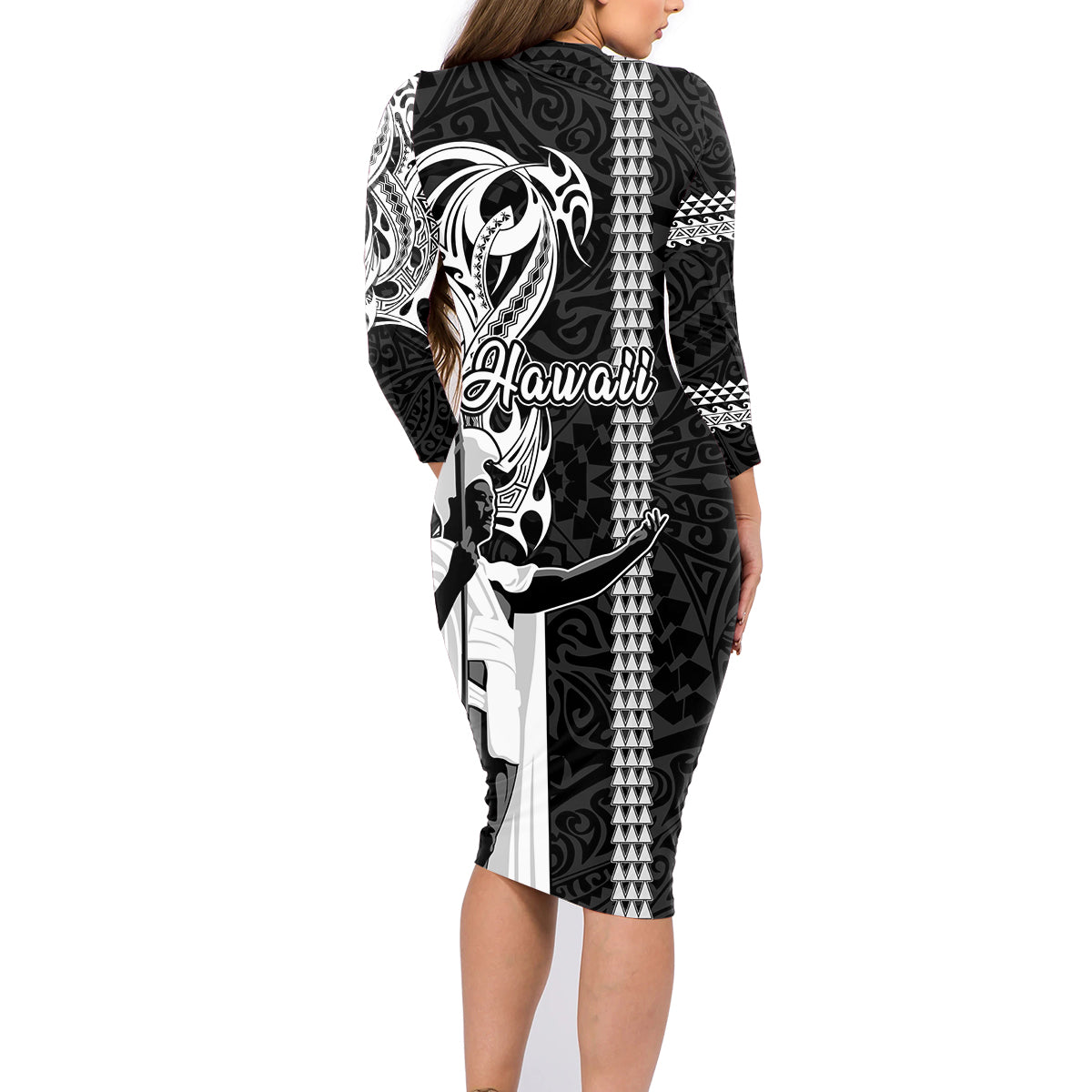 Hawaii Kahoolawe Island Family Matching Long Sleeve Bodycon Dress and Hawaiian Shirt Hawaiian King and Kakau Symbols Abstract Shoulder Tattoo LT03 - Polynesian Pride