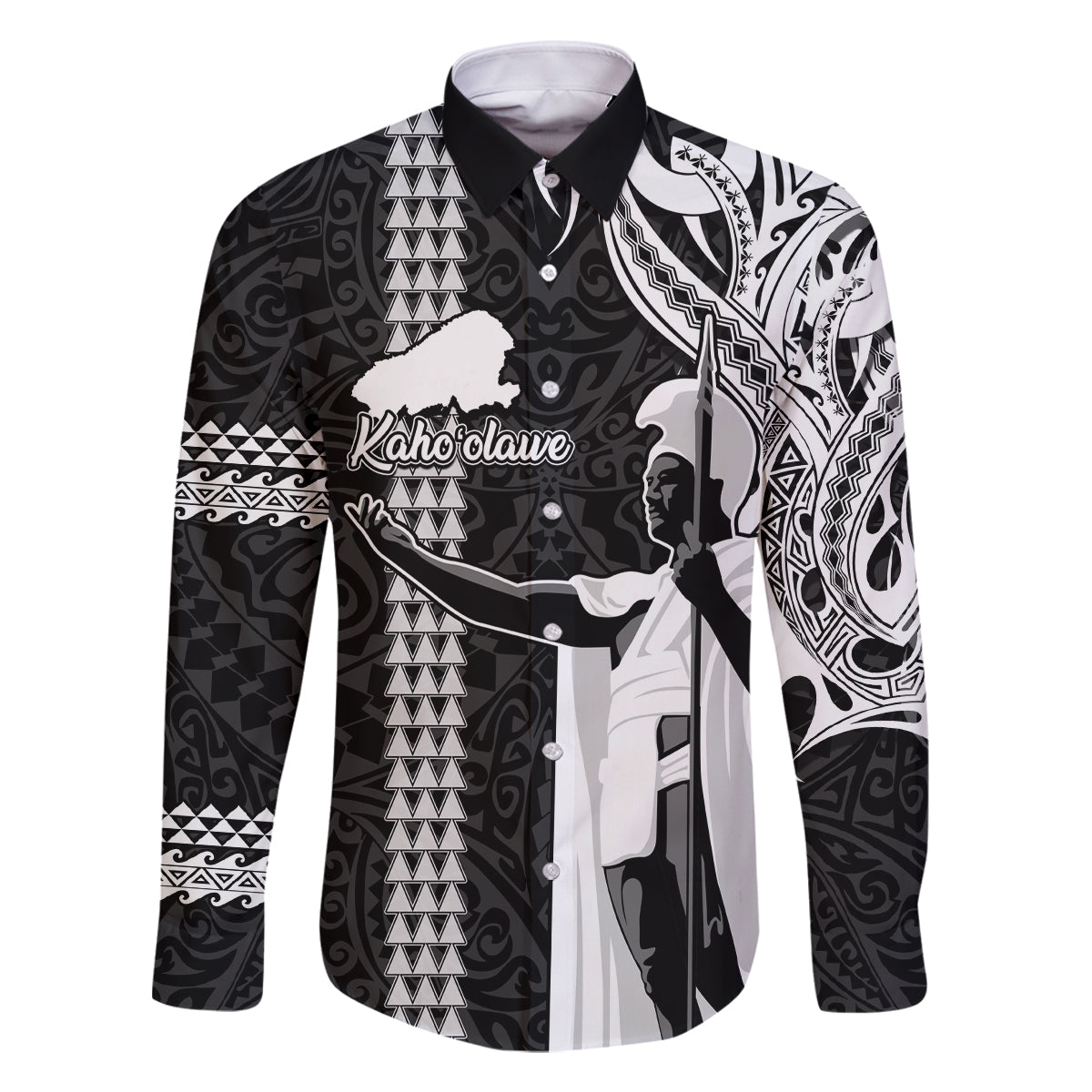 Hawaii Kahoolawe Island Family Matching Off Shoulder Short Dress and Hawaiian Shirt Hawaiian King and Kakau Symbols Abstract Shoulder Tattoo LT03 Dad's Shirt - Long Sleeve Black - Polynesian Pride