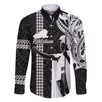 Hawaii Kahoolawe Island Family Matching Off Shoulder Short Dress and Hawaiian Shirt Hawaiian King and Kakau Symbols Abstract Shoulder Tattoo LT03 Dad's Shirt - Long Sleeve Black - Polynesian Pride
