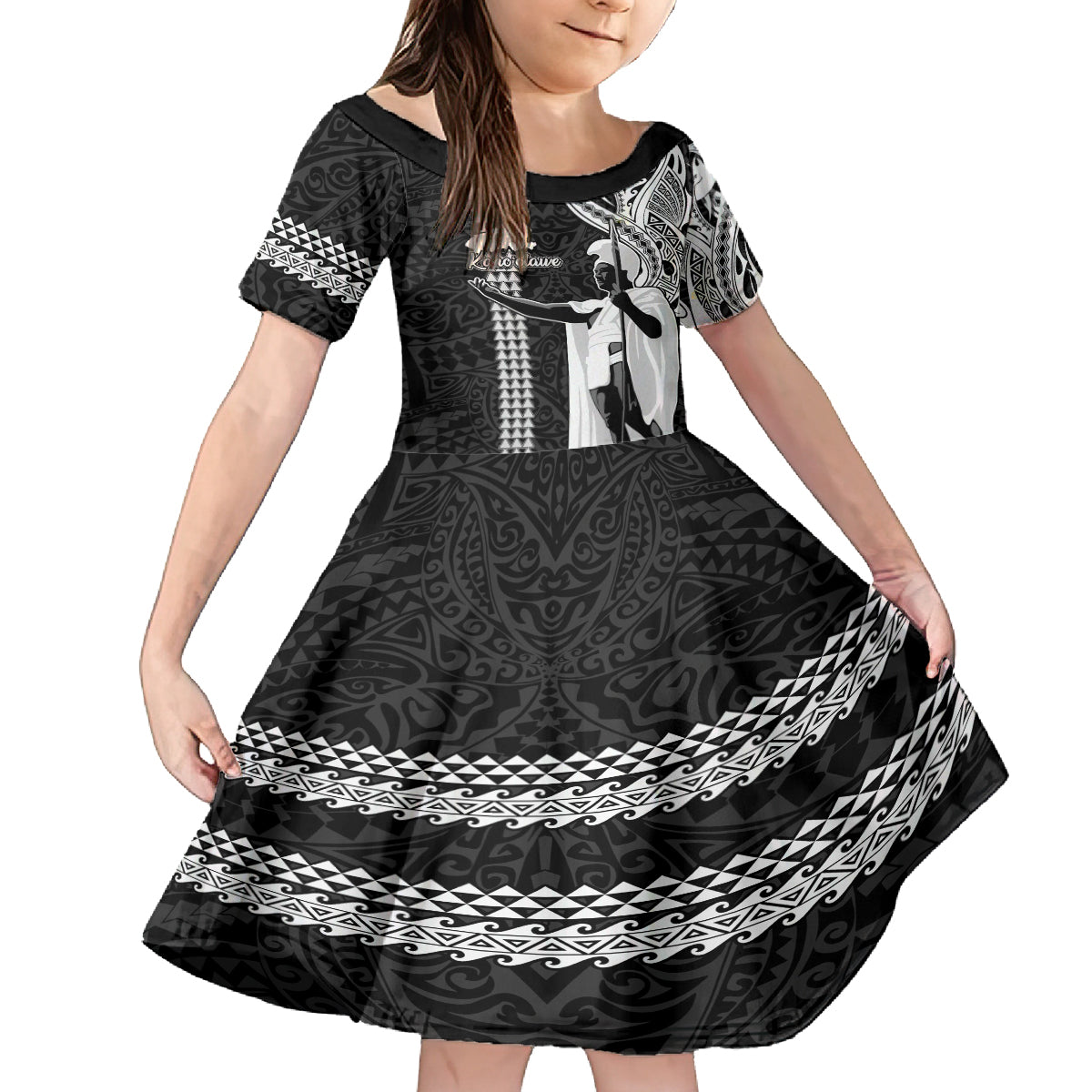 Hawaii Kahoolawe Island Kid Short Sleeve Dress Hawaiian King and Kakau Symbols Abstract Shoulder Tattoo LT03 KID Black - Polynesian Pride