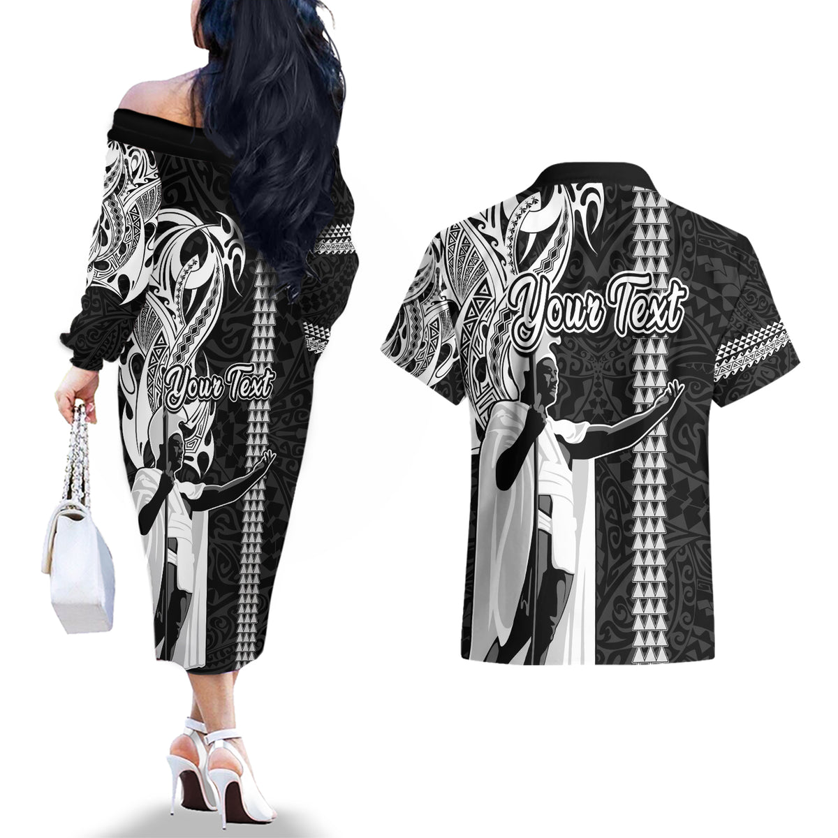 Custom Hawaii Kahoolawe Island Couples Matching Off The Shoulder Long Sleeve Dress and Hawaiian Shirt Hawaiian King and Kakau Symbols Abstract Shoulder Tattoo LT03 - Polynesian Pride