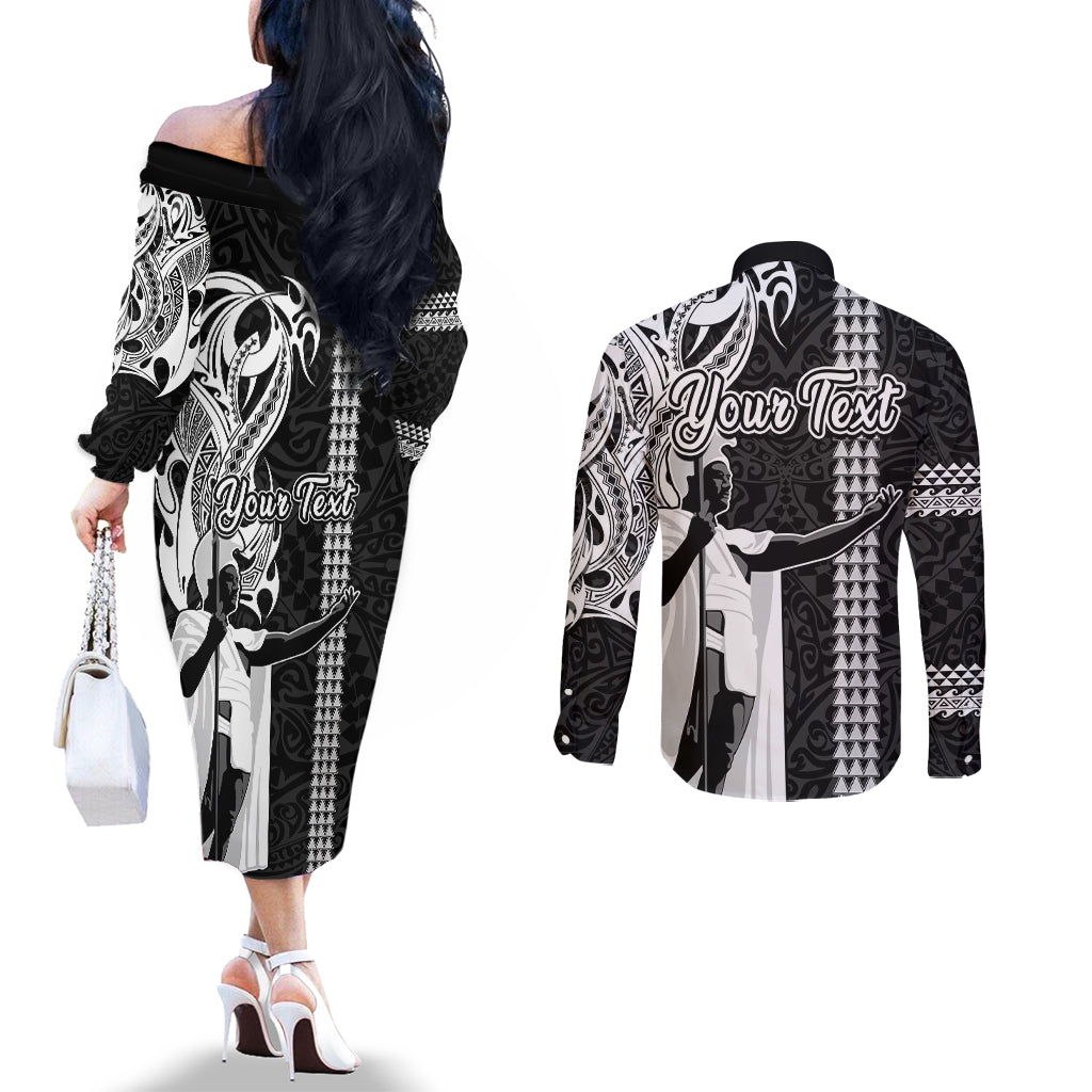 Custom Hawaii Kahoolawe Island Couples Matching Off The Shoulder Long Sleeve Dress and Long Sleeve Button Shirts Hawaiian King and Kakau Symbols Abstract Shoulder Tattoo LT03 - Polynesian Pride