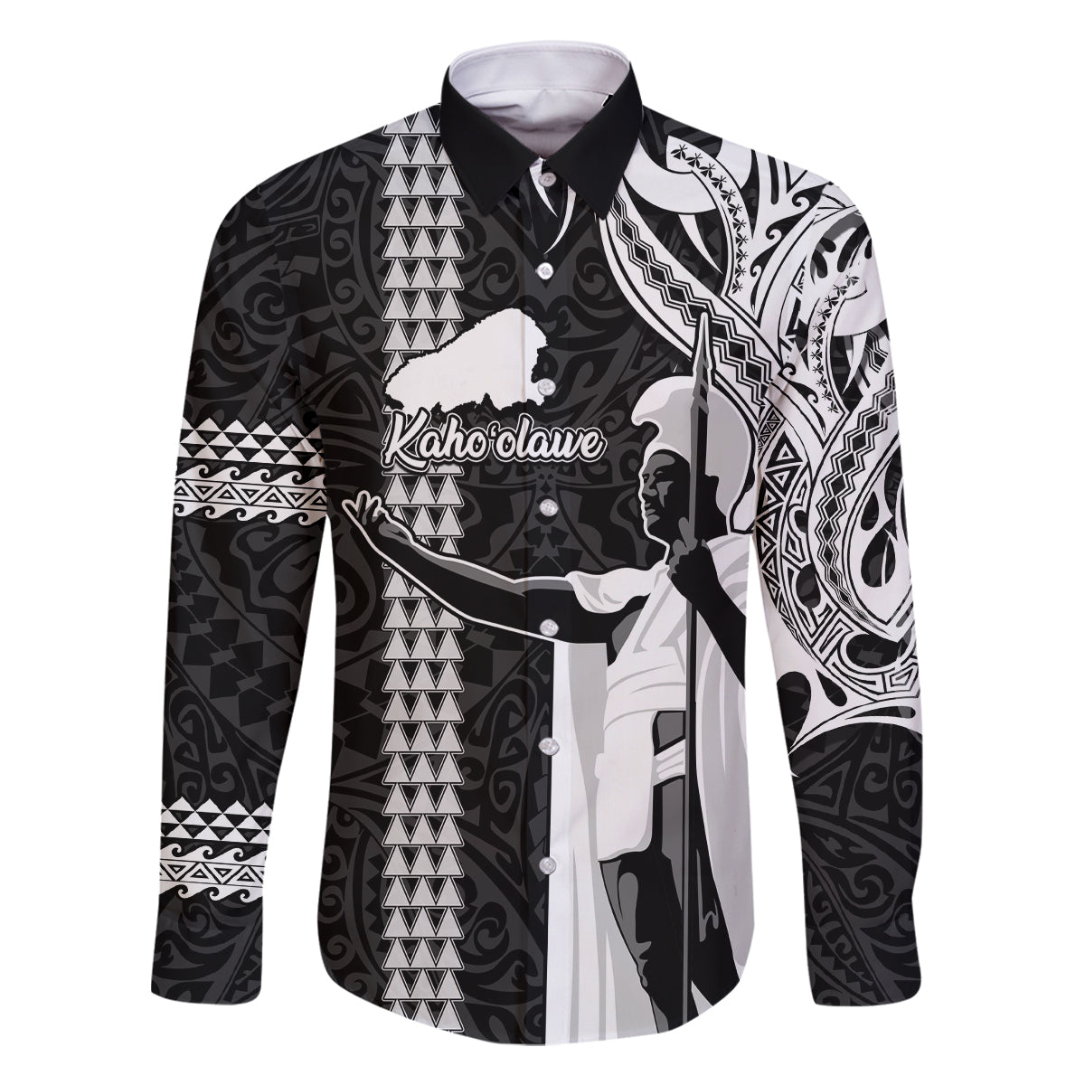 Custom Hawaii Kahoolawe Island Family Matching Off Shoulder Maxi Dress and Hawaiian Shirt Hawaiian King and Kakau Symbols Abstract Shoulder Tattoo LT03 Dad's Shirt - Long Sleeve Black - Polynesian Pride