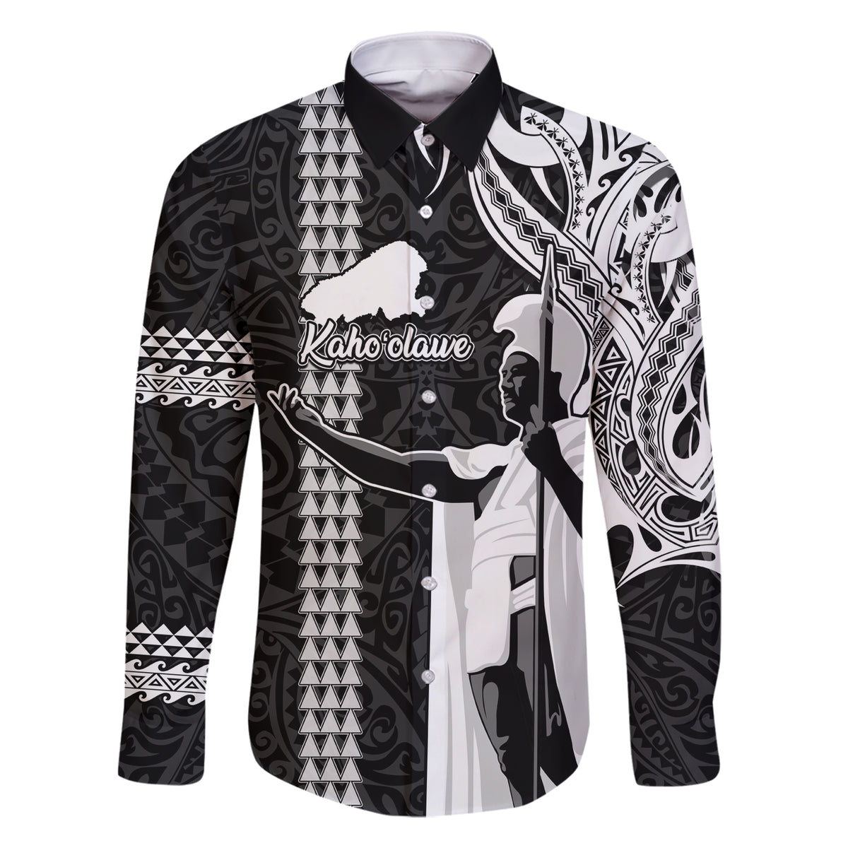 Custom Hawaii Kahoolawe Island Family Matching Short Sleeve Bodycon Dress and Hawaiian Shirt Hawaiian King and Kakau Symbols Abstract Shoulder Tattoo LT03 Dad's Shirt - Long Sleeve Black - Polynesian Pride