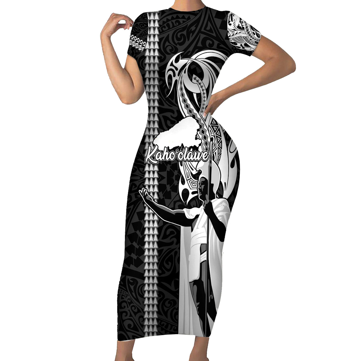Custom Hawaii Kahoolawe Island Short Sleeve Bodycon Dress Hawaiian King and Kakau Symbols Abstract Shoulder Tattoo LT03 Long Dress Black - Polynesian Pride