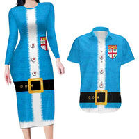 Fiji Merry Christmas Couples Matching Long Sleeve Bodycon Dress and Hawaiian Shirt Santa Suit Style With Tapa Tribal Pattern LT03 Blue - Polynesian Pride