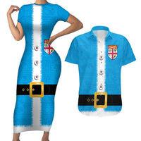 Fiji Merry Christmas Couples Matching Short Sleeve Bodycon Dress and Hawaiian Shirt Santa Suit Style With Tapa Tribal Pattern LT03 Blue - Polynesian Pride