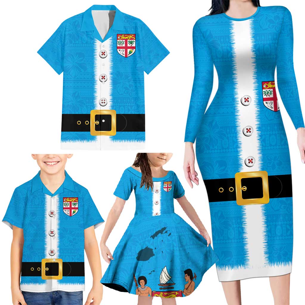 Fiji Merry Christmas Family Matching Long Sleeve Bodycon Dress and Hawaiian Shirt Santa Suit Style With Tapa Tribal Pattern LT03 - Polynesian Pride