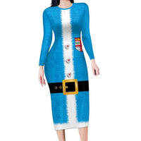 Fiji Merry Christmas Family Matching Long Sleeve Bodycon Dress and Hawaiian Shirt Santa Suit Style With Tapa Tribal Pattern LT03 Mom's Dress Blue - Polynesian Pride