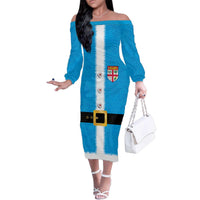 Fiji Merry Christmas Family Matching Off The Shoulder Long Sleeve Dress and Hawaiian Shirt Santa Suit Style With Tapa Tribal Pattern LT03 Mom's Dress Blue - Polynesian Pride