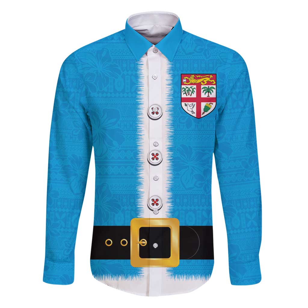 Fiji Merry Christmas Family Matching Puletasi and Hawaiian Shirt Santa Suit Style With Tapa Tribal Pattern LT03 Dad's Shirt - Long Sleeve Blue - Polynesian Pride