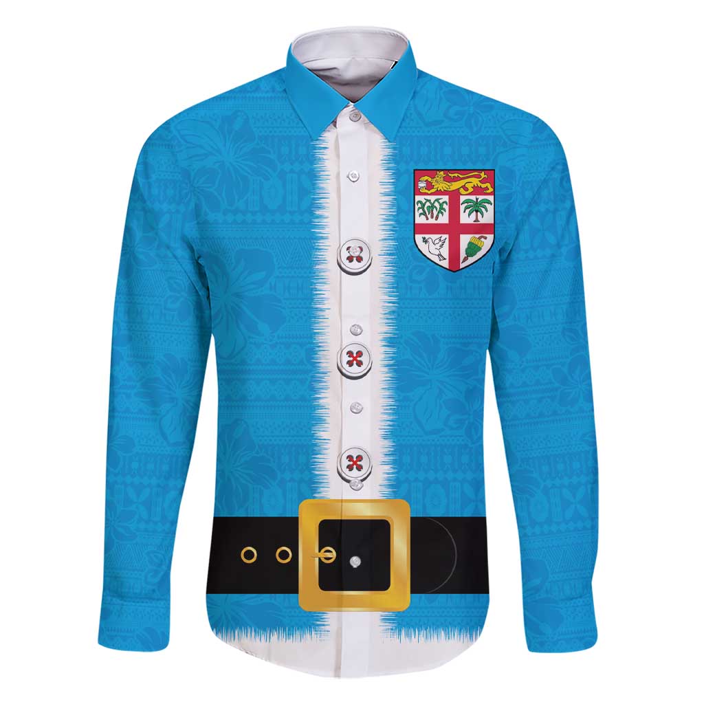 Fiji Merry Christmas Family Matching Short Sleeve Bodycon Dress and Hawaiian Shirt Santa Suit Style With Tapa Tribal Pattern LT03 Dad's Shirt - Long Sleeve Blue - Polynesian Pride
