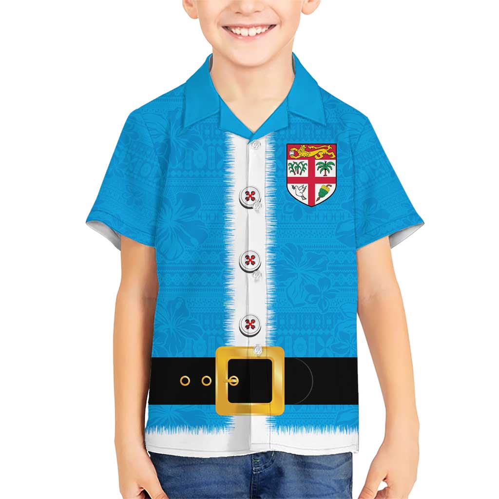Fiji Merry Christmas Family Matching Short Sleeve Bodycon Dress and Hawaiian Shirt Santa Suit Style With Tapa Tribal Pattern LT03 Son's Shirt Blue - Polynesian Pride
