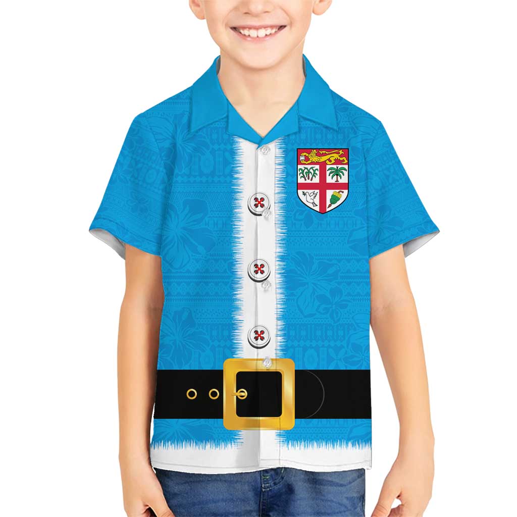 Fiji Merry Christmas Family Matching Tank Maxi Dress and Hawaiian Shirt Santa Suit Style With Tapa Tribal Pattern LT03 Son's Shirt Blue - Polynesian Pride
