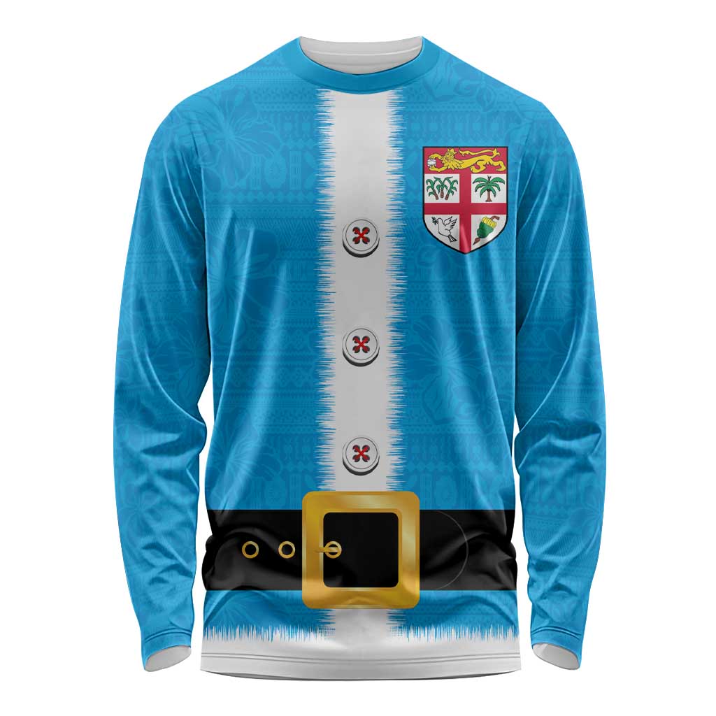 Fiji Merry Christmas Long Sleeve Shirt Santa Suit Style With Tapa Tribal Pattern LT03 Unisex Blue - Polynesian Pride