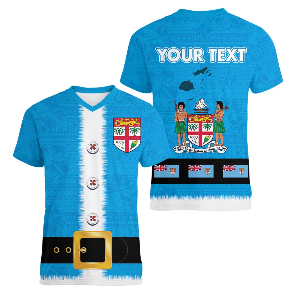 Fiji Merry Christmas Women V-Neck T-Shirt Santa Suit Style With Tapa Tribal Pattern