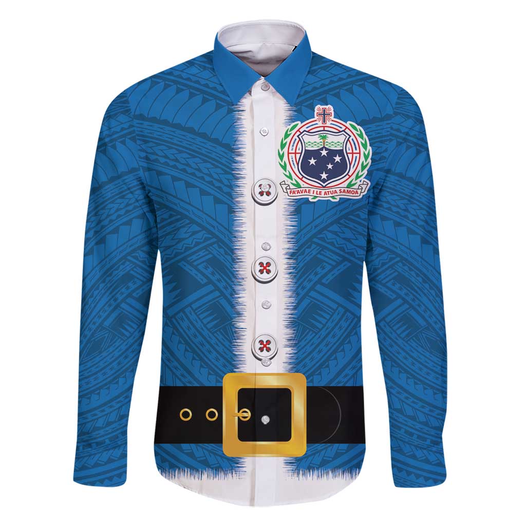 Samoa Merry Christmas Family Matching Long Sleeve Bodycon Dress and Hawaiian Shirt Santa Suit Style With Tatau Tattoo Pattern LT03 Dad's Shirt - Long Sleeve Blue - Polynesian Pride