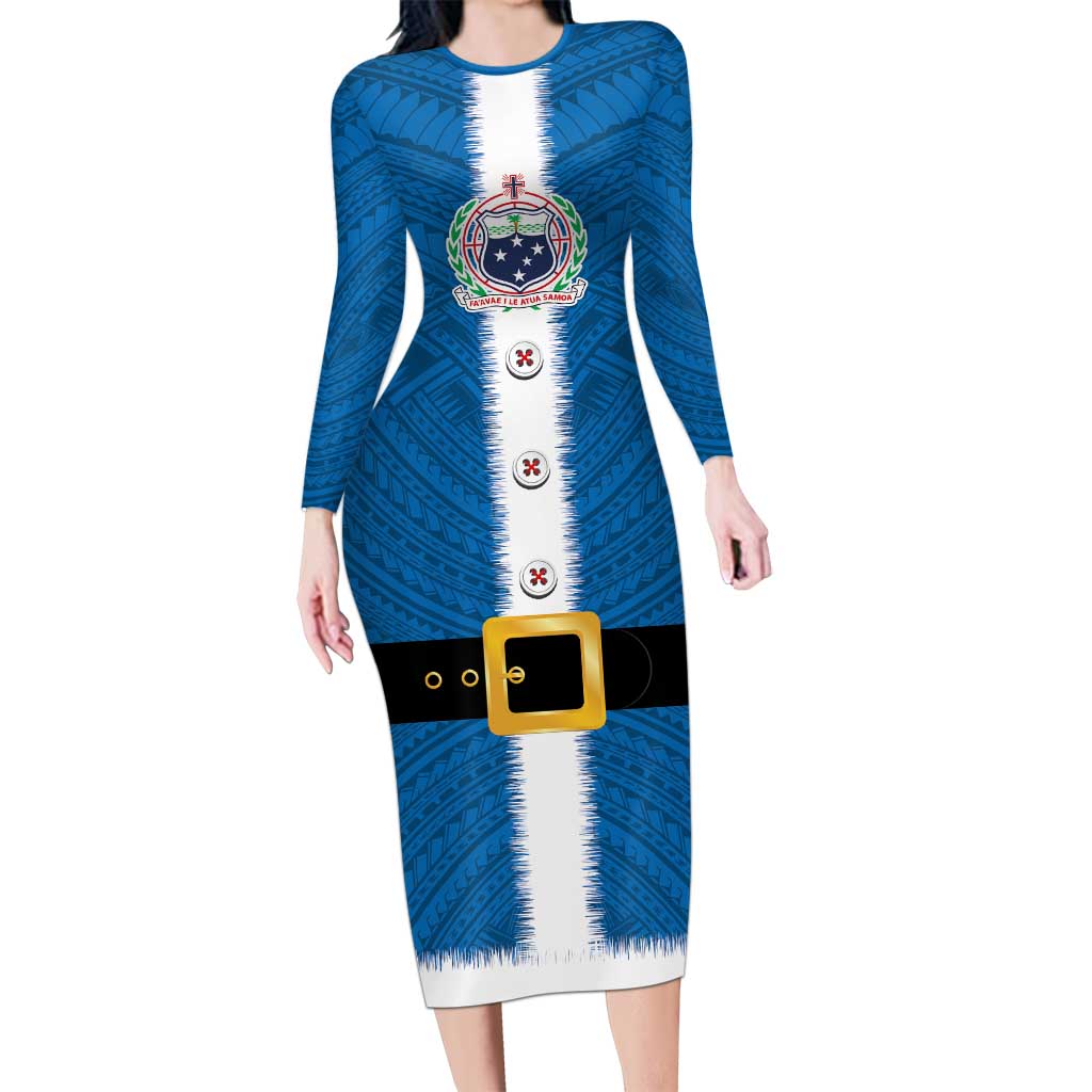 Samoa Merry Christmas Family Matching Long Sleeve Bodycon Dress and Hawaiian Shirt Santa Suit Style With Tatau Tattoo Pattern LT03 Mom's Dress Blue - Polynesian Pride