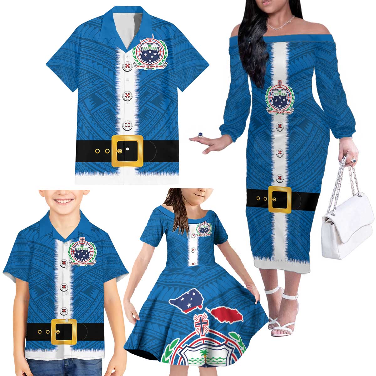 Samoa Merry Christmas Family Matching Off The Shoulder Long Sleeve Dress and Hawaiian Shirt Santa Suit Style With Tatau Tattoo Pattern LT03 - Polynesian Pride