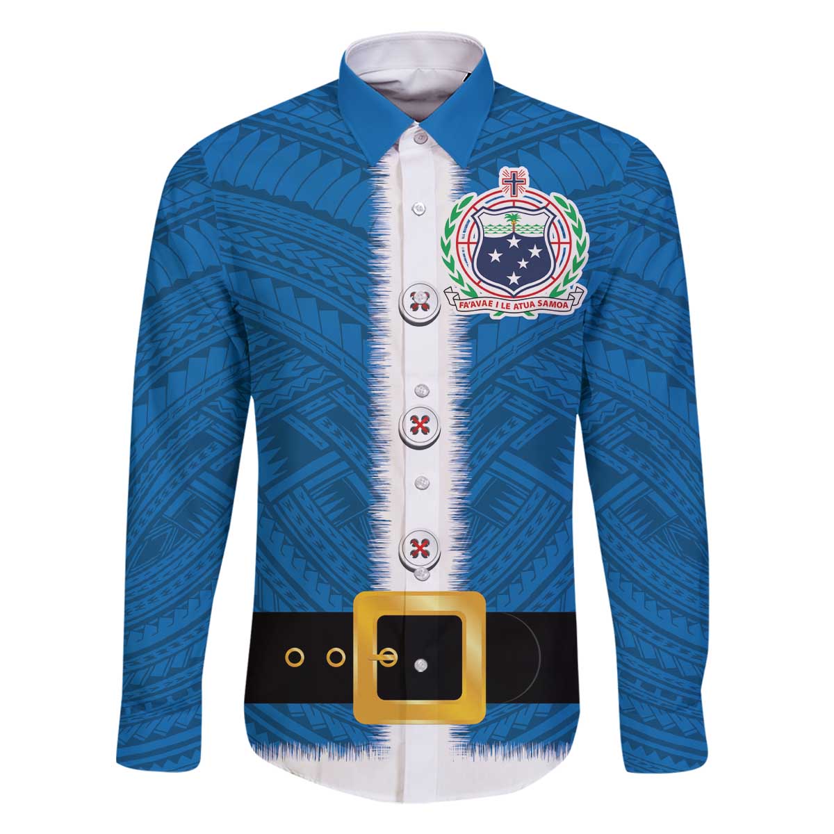 Samoa Merry Christmas Family Matching Off The Shoulder Long Sleeve Dress and Hawaiian Shirt Santa Suit Style With Tatau Tattoo Pattern LT03 Dad's Shirt - Long Sleeve Blue - Polynesian Pride