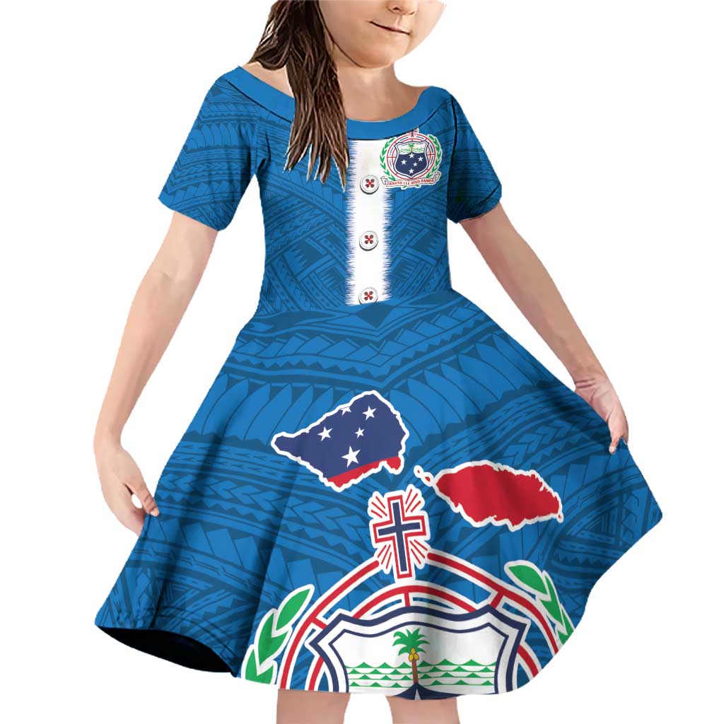 Samoa Merry Christmas Family Matching Off Shoulder Short Dress and Hawaiian Shirt Santa Suit Style With Tatau Tattoo Pattern LT03 Daughter's Dress Blue - Polynesian Pride