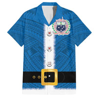 Samoa Merry Christmas Family Matching Off Shoulder Short Dress and Hawaiian Shirt Santa Suit Style With Tatau Tattoo Pattern LT03 Dad's Shirt - Short Sleeve Blue - Polynesian Pride