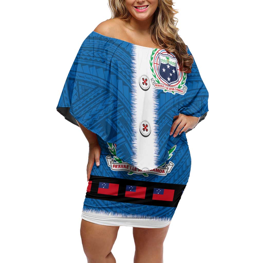 Samoa Merry Christmas Family Matching Off Shoulder Short Dress and Hawaiian Shirt Santa Suit Style With Tatau Tattoo Pattern LT03 Mom's Dress Blue - Polynesian Pride