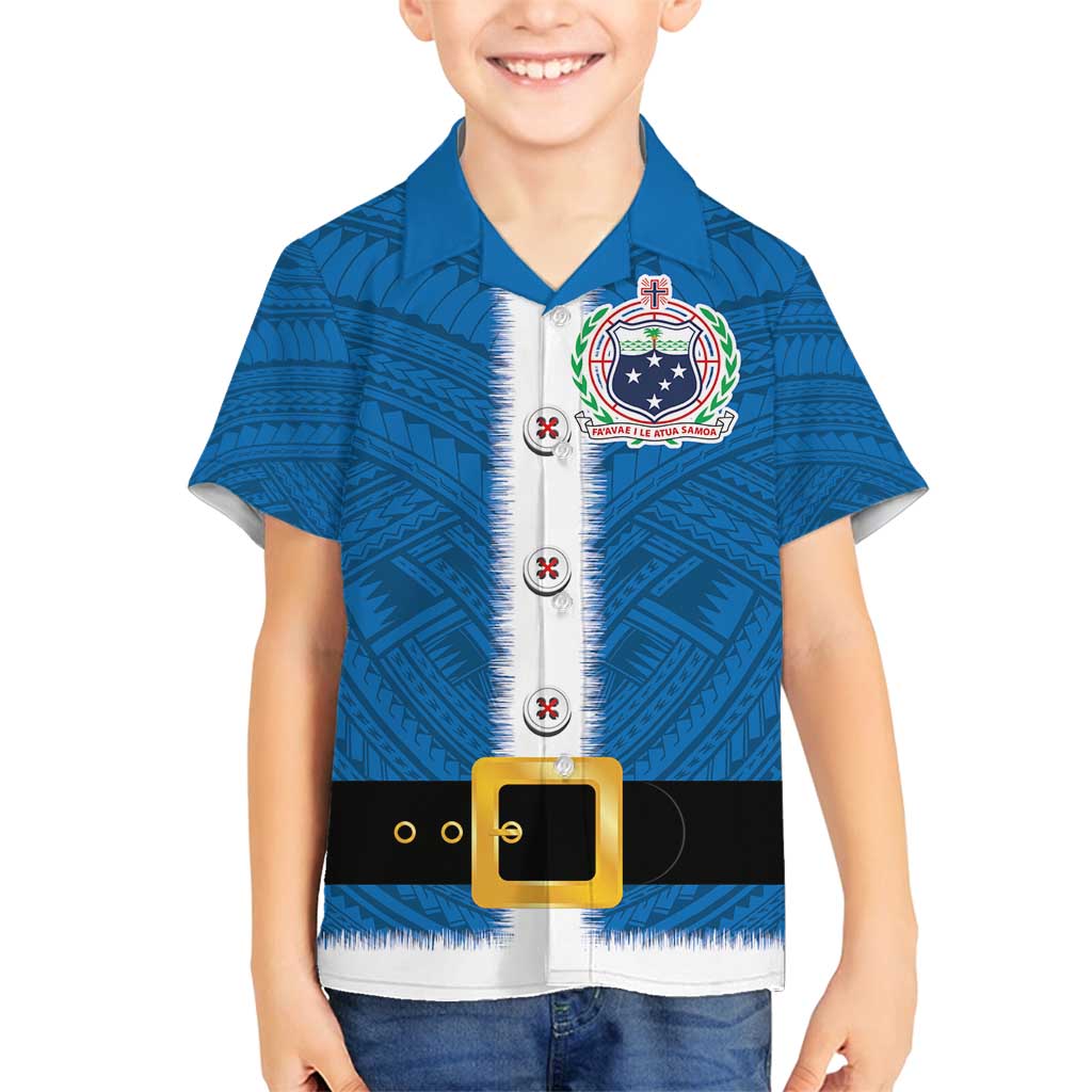 Samoa Merry Christmas Family Matching Off Shoulder Short Dress and Hawaiian Shirt Santa Suit Style With Tatau Tattoo Pattern LT03 Son's Shirt Blue - Polynesian Pride