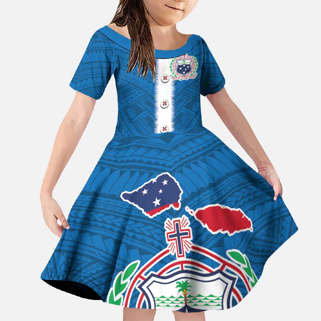 Samoa Merry Christmas Family Matching Tank Maxi Dress and Hawaiian Shirt Santa Suit Style With Tatau Tattoo Pattern LT03 Daughter's Dress Blue - Polynesian Pride