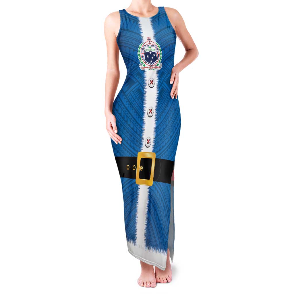 Samoa Merry Christmas Family Matching Tank Maxi Dress and Hawaiian Shirt Santa Suit Style With Tatau Tattoo Pattern LT03 Mom's Dress Blue - Polynesian Pride