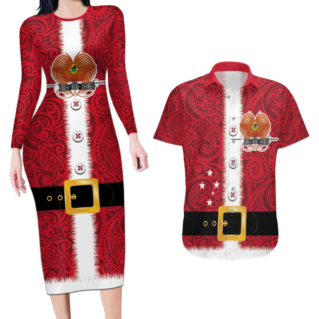 Papua New Guinea Merry Christmas Couples Matching Long Sleeve Bodycon Dress and Hawaiian Shirt Santa Suit Style With Melanesian Pattern LT03 Red - Polynesian Pride
