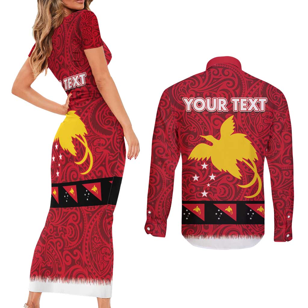 Papua New Guinea Merry Christmas Couples Matching Short Sleeve Bodycon Dress and Long Sleeve Button Shirt Santa Suit Style With Melanesian Pattern
