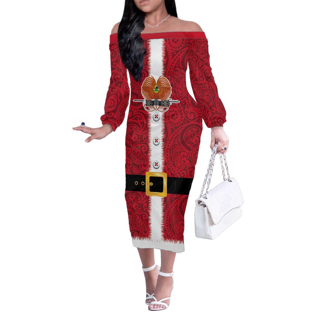 Papua New Guinea Merry Christmas Family Matching Off The Shoulder Long Sleeve Dress and Hawaiian Shirt Santa Suit Style With Melanesian Pattern LT03 Mom's Dress Red - Polynesian Pride