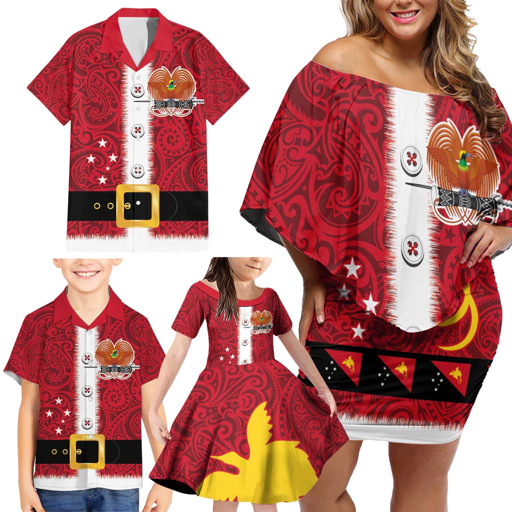 Papua New Guinea Merry Christmas Family Matching Off Shoulder Short Dress and Hawaiian Shirt Santa Suit Style With Melanesian Pattern LT03 - Polynesian Pride