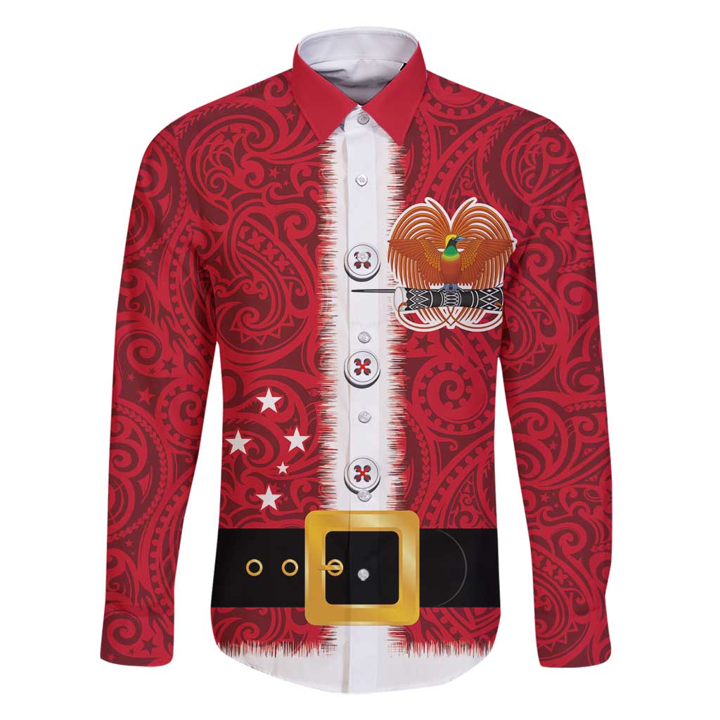 Papua New Guinea Merry Christmas Family Matching Summer Maxi Dress and Hawaiian Shirt Santa Suit Style With Melanesian Pattern LT03 Dad's Shirt - Long Sleeve Red - Polynesian Pride