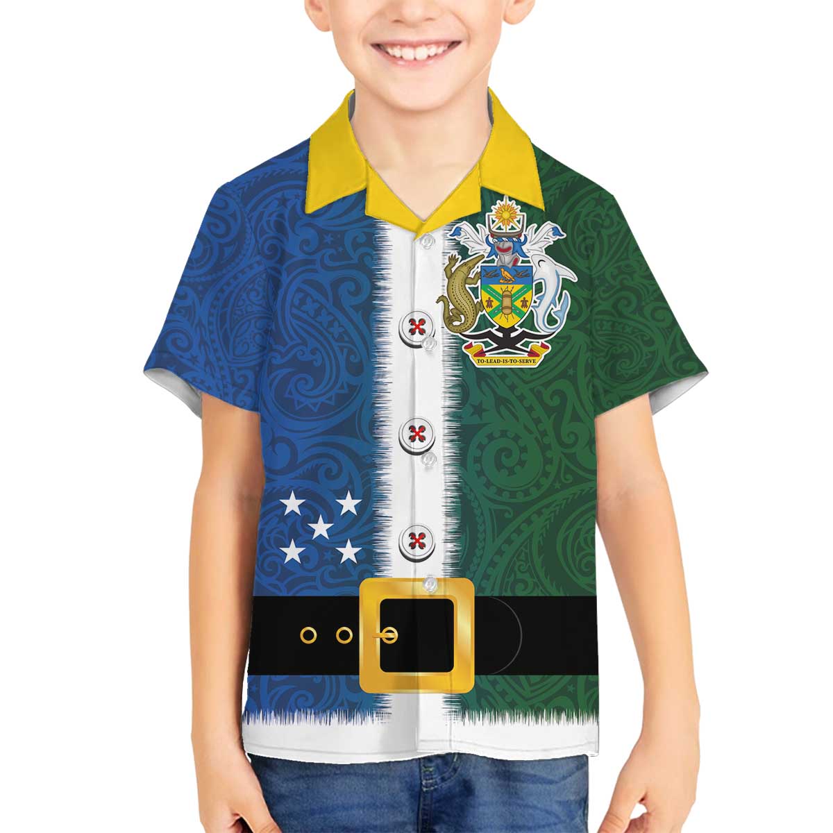 Solomon Islands Merry Christmas Family Matching Off The Shoulder Long Sleeve Dress and Hawaiian Shirt Santa Suit Style With Melanesian Pattern LT03 Son's Shirt Green - Polynesian Pride