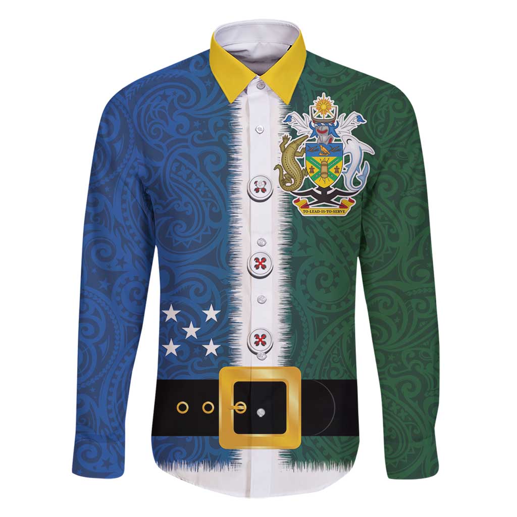 Solomon Islands Merry Christmas Family Matching Summer Maxi Dress and Hawaiian Shirt Santa Suit Style With Melanesian Pattern LT03 Dad's Shirt - Long Sleeve Green - Polynesian Pride
