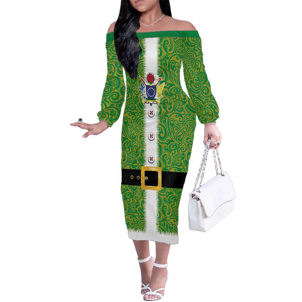 Cook Islands Merry Christmas Family Matching Off The Shoulder Long Sleeve Dress and Hawaiian Shirt Santa Suit Style With Polynesian Pattern LT03 Mom's Dress Green - Polynesian Pride