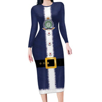 Niue Merry Christmas Family Matching Long Sleeve Bodycon Dress and Hawaiian Shirt Santa Suit Style With Hiapo Pattern LT03 Mom's Dress Blue - Polynesian Pride