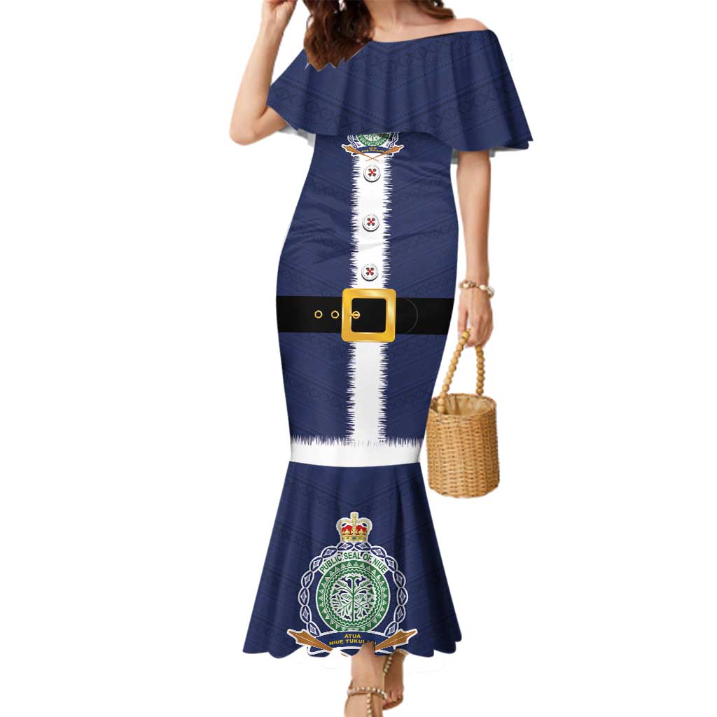Niue Merry Christmas Family Matching Mermaid Dress and Hawaiian Shirt Santa Suit Style With Hiapo Pattern LT03 Mom's Dress Blue - Polynesian Pride
