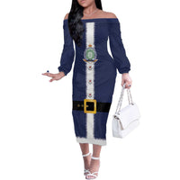 Niue Merry Christmas Family Matching Off The Shoulder Long Sleeve Dress and Hawaiian Shirt Santa Suit Style With Hiapo Pattern LT03 Mom's Dress Blue - Polynesian Pride