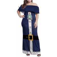 Niue Merry Christmas Family Matching Off Shoulder Maxi Dress and Hawaiian Shirt Santa Suit Style With Hiapo Pattern LT03 Mom's Dress Blue - Polynesian Pride