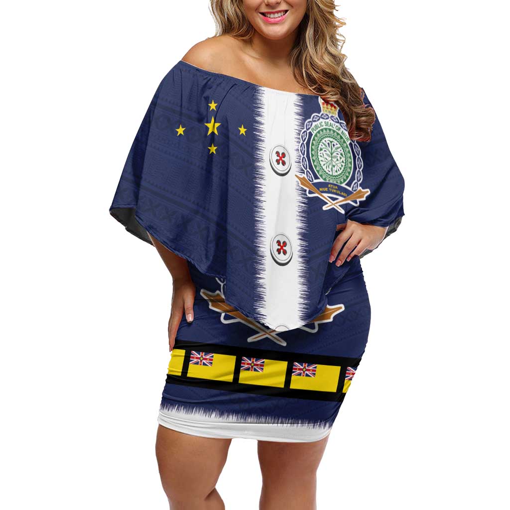 Niue Merry Christmas Family Matching Off Shoulder Short Dress and Hawaiian Shirt Santa Suit Style With Hiapo Pattern LT03 Mom's Dress Blue - Polynesian Pride
