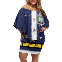 Niue Merry Christmas Family Matching Off Shoulder Short Dress and Hawaiian Shirt Santa Suit Style With Hiapo Pattern LT03 Mom's Dress Blue - Polynesian Pride