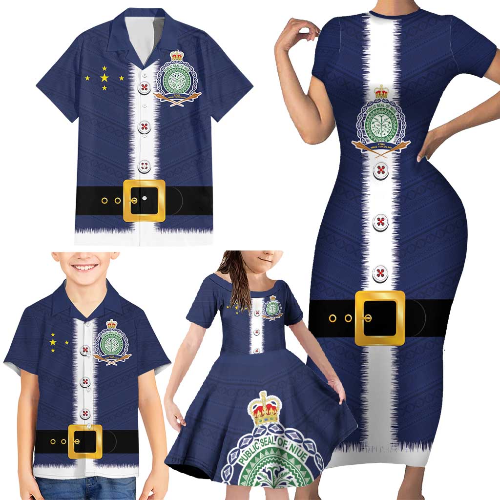 Niue Merry Christmas Family Matching Short Sleeve Bodycon Dress and Hawaiian Shirt Santa Suit Style With Hiapo Pattern LT03 - Polynesian Pride